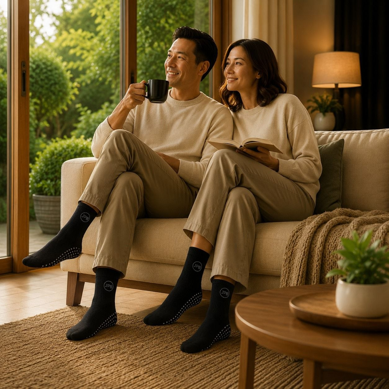 Pasangan suami istri bersantai di sofa dengan kaki terangkat, memakai kaos kaki JPB AORA